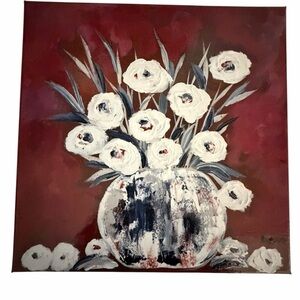 Original Artwork Acrylic’s On Canvas Floral Pink. Gray and White Blooms 14 x 14"